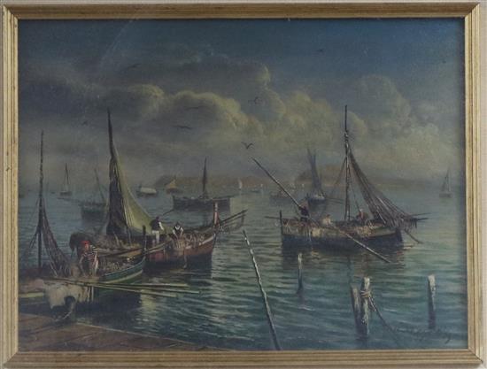 Mario Rosoio Allysetti, oil on board, Neapolitan fishing boats, signed, 29 x 39cm